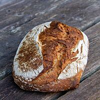 Das Weizenvollkornsauerteigbrot ist kräftig ausgebacken und hat eine knusprige, rustikal aufgerissene Kruste.