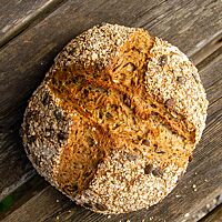 Das runde, kreuzförmig eingeschnittene Weizenmischbrot ist auf der Oberfläche reichlich mit Haferflocken und Kürbiskernen bestreut.