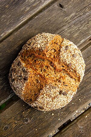 Das runde, kreuzförmig eingeschnittene Weizenmischbrot ist auf der Oberfläche reichlich mit Haferflocken und Kürbiskernen bestreut.