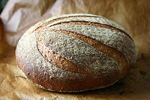 Das goldbraun ausgebackene, fächerartig eingeschnittene Roggenbrot mit Kümmel hat eine bemehlte Kruste.