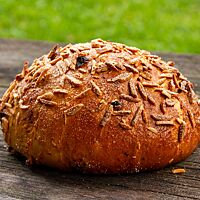 Das mit Mandelstiften bestreute, goldbraun ausgebackene Weizenbrot liegt auf einem rustikalen Holztisch.
