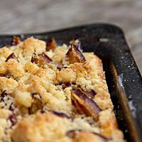 Die Streusel des Sauerteig-Blechkuchens liegen goldgelb ausgebacken auf den Pflaumen über dem Hefeteigboden.