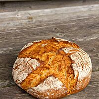 Das Willkommensbrot ist kräftig ausgebacken und auf der Oberfläche wild aufgerissen.