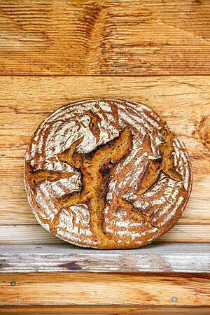 Emmer-Karotten-Bierbrot. Ein runder, rustikal aufgerissener Laib mit bemehlter Kruste lehnt senkrecht an einer Holzwand.