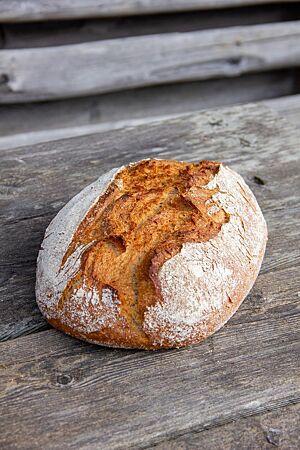 Das kräftig ausgebackene, rustikal aufgerissene Triticale-Brot liegt auf einem Holztisch.