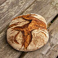 Die Kruste des Schwarzgerstebrotes ist knusprig ausgebacken und rustikal aufgerissen.