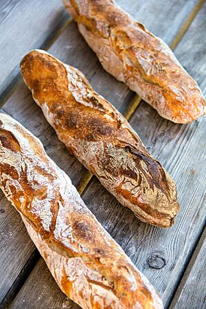 Sauerteig-Baguette. Drei kräftig ausgebackene, aufgerissene Baguettes mit leicht bemehlter Kruste liegen auf einem rustikalen Holztisch.