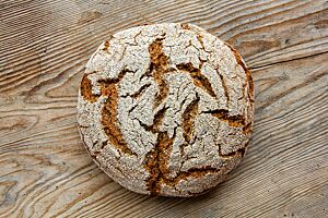 Das kräftig ausgebackene, auf der Oberfläche eingerissene Roggenbrot hat feinen Schrot auf der Kruste.