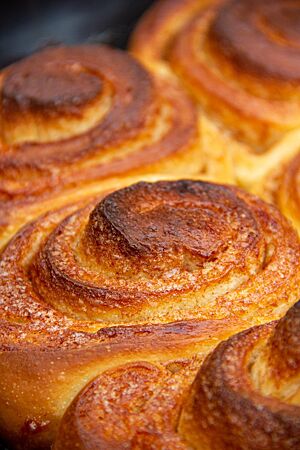 Zimtschnecken mit Quark (Knetmaschinentest). Die goldbraun ausgebackenen Zimtschnecken zeigen in ihren Windungen die Füllung aus Butter und Zimtzucker.