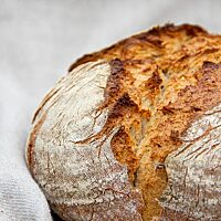 Ein rustikal aufgerissenes Brot mit leicht bemehlter Kruste liegt auf einem Leinentuch.
