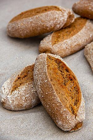 Die kräftig ausgebackenen Weizenvollkornbrötchen mit Einkorn liegen auf einem Leinentuch.