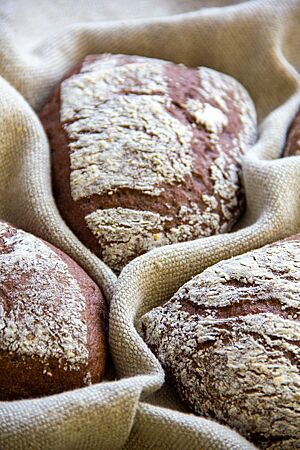 Rotkornweizenbrötchen. Drei kräftig ausgebackene, bemehlte Rotkornweizenbrötchen in eckiger Form liegen in einem Leinentuch.