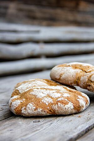 Zwei flache Fladenbrötchen mit leicht bemehlter Kruste liegen auf einem Holztisch.