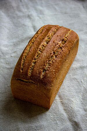 Das Kastenweißbrot mit Emmer hat eine leicht glänzende Oberfläche und drei lange Einschnitte.