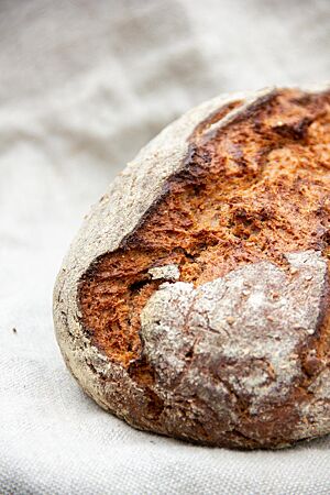 Das Schokoladenbrot Dreiundvierzig Prozent ist ein kräftig ausgebackenes, rustikal aufgerissenes Weizenmischbrot mit leicht bemehlter Kruste.