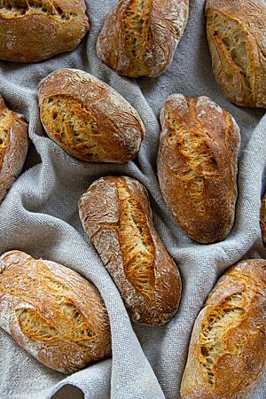 Die kräftig ausgebackenen, rustikal aufgebrochenen Drei-Stunden-Brötchen mit leicht bemehlter Kruste liegen in einem Leintentuch.