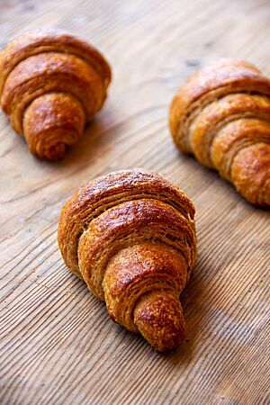 Vollkorn-Croissants. Drei Vollkorncroissants mit glänzender Oberfläche liegen auf einem rustikalen Holztisch.