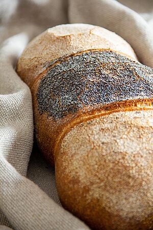 Weizen-Dinkel-Brot. Das Weizen-Dinkel-Brot, bestehend aus drei aneinandergebackenen Teilen, liegt in einem Leinentuch.
