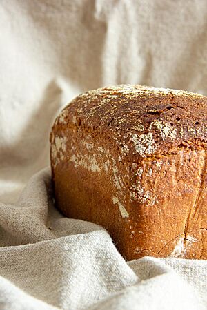 Roggentoast. Das fertig ausgebackene Roggentoastbrot liegt auf einem Leinentuch.