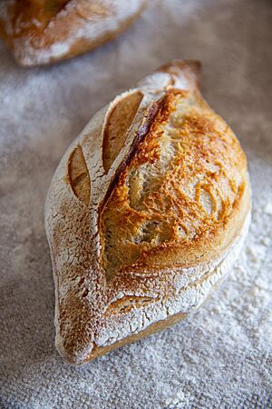 Ein goldgelb ausgebackenes, rustikal aufgerissenes Baguettebrötchen mit bemehlter Oberfläche liegt auf einem Leinentuch.