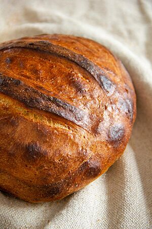 Pain à l’Ancienne. Ein kräftig ausgebackenes Weizenbrot mit glänzender Kruste liegt auf einem Leinentuch.