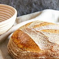 Das Il pane della Muntagnola ist ein goldbraun ausgebackenes Weizenbrot mit leicht bemehlter, gefensterter Kruste.