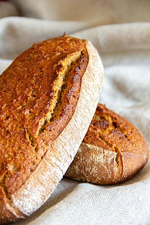 Weinheimer Heidebrot. Zwei kräftig ausgebackene Roggenmischbrote liegen auf einem Leinentuch.