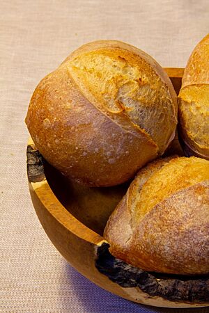 Wiener Laberln (auf Polisch). Die goldgelb ausgebackenen, am rustikal aufgerissenen Weizenbrötchen mit kleinen Bläschen auf der Oberfläche liegen in einem Brotkorb.