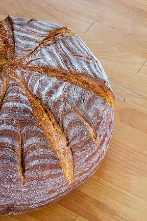 Das kräftig ausgebackene Abfrisch-Brot mit leicht bemehlter, röscher Kruste liegt auf einem Holztisch.