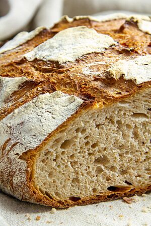 Burebrot (neu): saftig, wattig-weich und hocharomatisch. Eine Scheibe Burebrot zeigt die weiche, mittelporige Krume umhüllt von der zartsplittrigen Kruste.