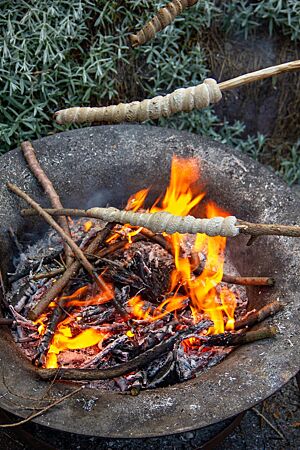 Stockbrot. In einer Feuerschale liegen brennende Äste und Glut. Darüber werden zwei Äste gehalten, die an einem Ende mit Stockbrotteig umwickelt wurden.