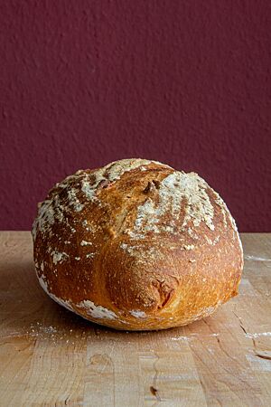 Gunnison River Bread. Ein kräftig ausgebackenes Weizenbrot mit leicht bemehlter Kruste liegt auf einem Holztisch.