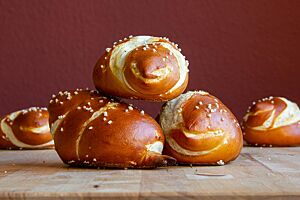 Ulmer Laugenspatzen. Die ausgebackenen, mit Salz bestreuten Laugenspatzen haben durch zwei Einschnitte am vorderen und hinteren Ende einen Schnabel sowie einen Schwanz erhalten.