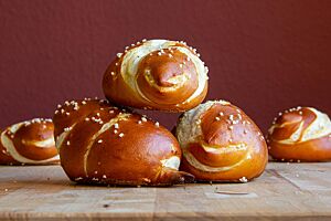 Die ausgebackenen, mit Salz bestreuten Laugenspatzen haben durch zwei Einschnitte am vorderen und hinteren Ende einen Schnabel sowie einen Schwanz erhalten.