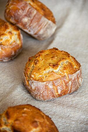 Solrosbullar (Sonnenblumenkernbrötchen). Das goldbraun ausgebackene Sonnenblumenkernbrötchen hat einen leicht bemehlten Rand und eine etwas aufgerissene Oberseite.