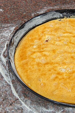 Eierschecke nach Freiberger Art (Rezept III). In gefetteter und bemehlter Form liegt die fluffige Eierschecke zum Verzehr bereit.