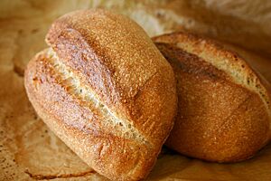 Pain de Beaucaire. Zwei goldgelb ausgebackene Pain de Beaucaire mit leicht glänzender Oberfläche liegen auf Backpapier.