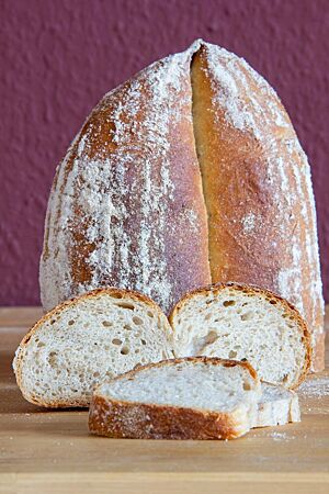 Schwäbisches Kartoffelbrot: als Pain fendu geformt. Das Kartoffelbrot im Anschnitt zeigt die elastische, lockere Krume.
