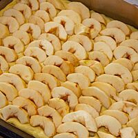 Auf dem ungebackenen Hefeteig liegt eine Lage geschälte und in Spalten geschnittene Äpfel.