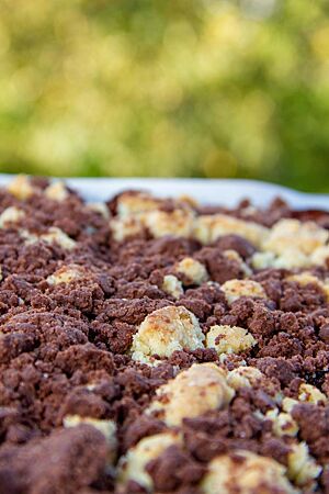 Der Wolgaster Pflaumenkuchen ist mit einer dicken Schicht goldgelber und kakaobrauner Streuseln bedeckt.