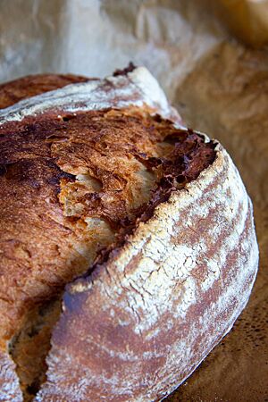 Das Bauernbrot hat eine kräftig ausgebackene, rustikal aufgerissene und leicht bemehlte Kruste.