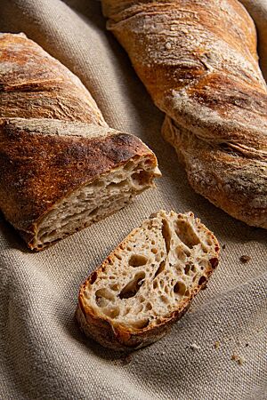 Das kräftig ausgebackene, leicht bemehlte Wurzelbrot mit Roggenschrot zeigt im Anschnitt die offenporige, luftige Krume.