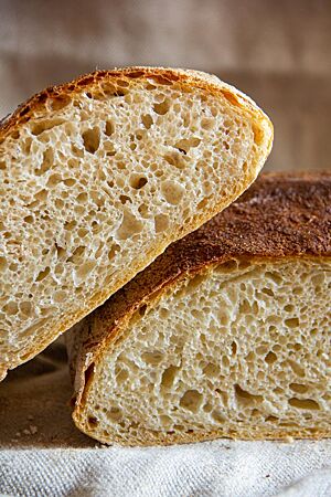 Pane di Genzano (Hefeteigvariante): mittelporig, locker. Im Anschnitt zeigt das Pane di Genzano in der Hefeteigvariante seine lockere, elastische Krume.