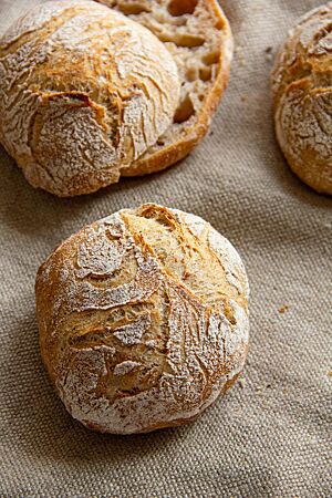 Die goldgelb ausgebackenen Brötchen mit Roggenschrot liegen auf einem Leinentuch.