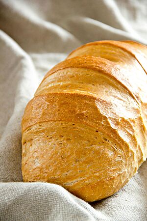 Das goldgelb ausgebackene, längliche Weizenbrot hat eine glänzende, gefensterte Kruste.