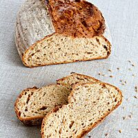 Das kräftig ausgebackene, rustikal aufgerissene Einkorn-Joghurt-Brot hat eine lockere, helle Krume.