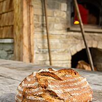 Das goldbraun ausgebackene Landbrot liegt vor dem Holzbackofen auf einem Tisch.