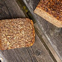 Eine Scheibe des Low-Carb-Brotes zeigt Sonnenblumenkerne, Leinsaat und Roggenschrot in der feinporigen, dichten Krume.