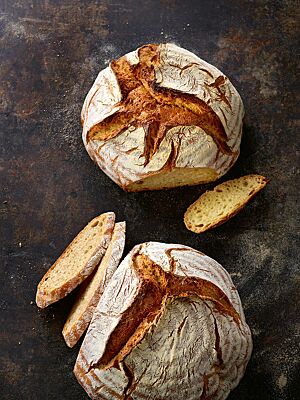 Sowohl das Dinkelbrot (oben) als auch das Dinkelbrot mit Vorteig (unten) haben eine rustikal aufgerissene, bemehlte Kruste und eine lockere, elastische Krume.