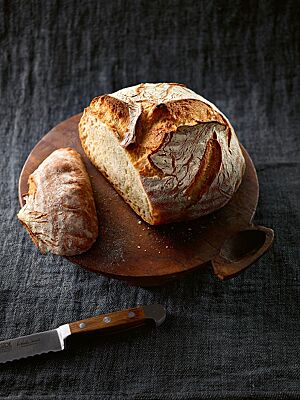 Ein kräftig ausgebackener Brotlaib zeigt seine rustikal aufgerissene, kräftige Kruste und die helle, lockere Krume.